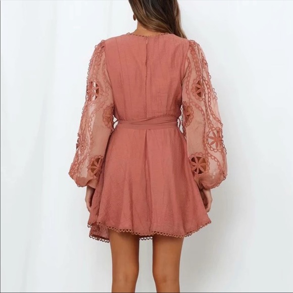 Lantern Puff Crochet Sleeve Boho Gypsy Dress Rust - Picture 4 of 8